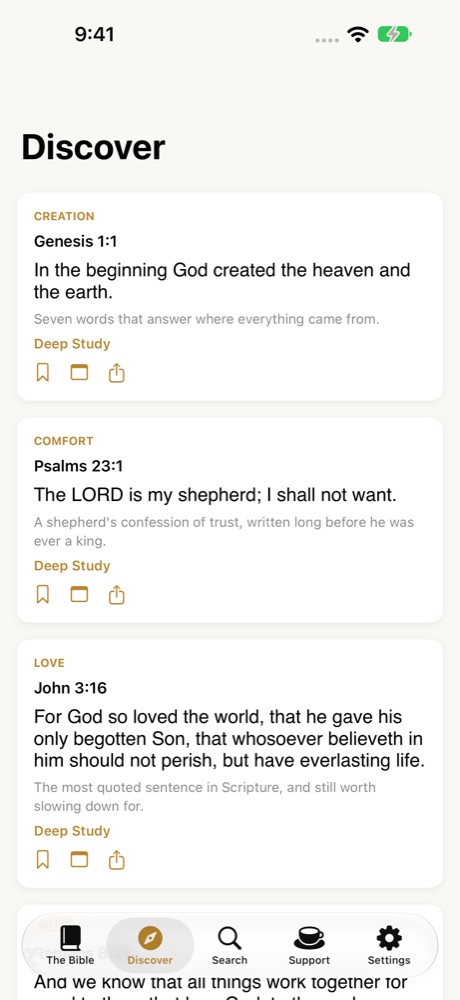Discover screen with curated Bible verses