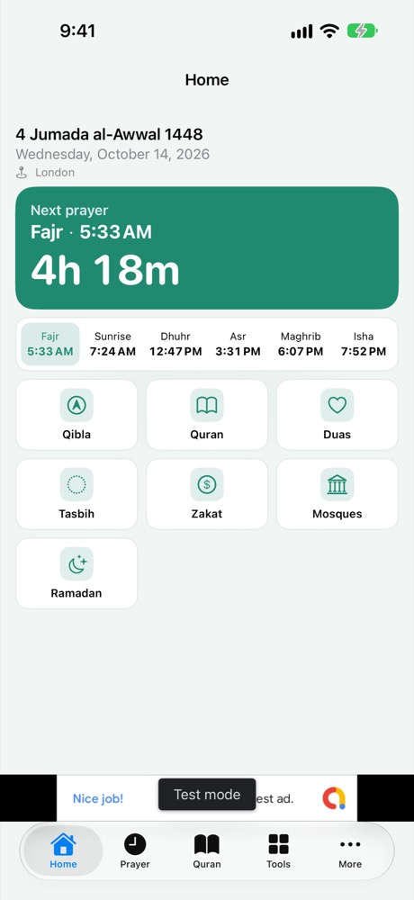 Home screen with next prayer countdown