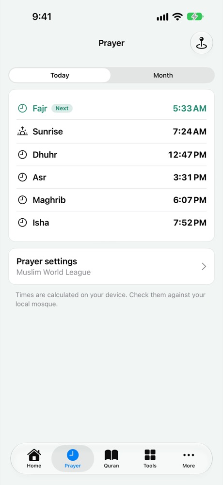 Prayer times for the day
