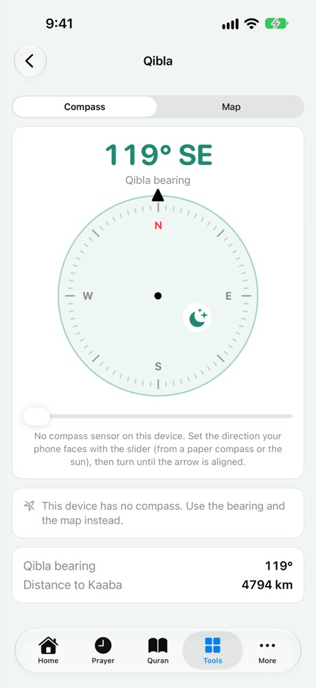 Qibla compass and map