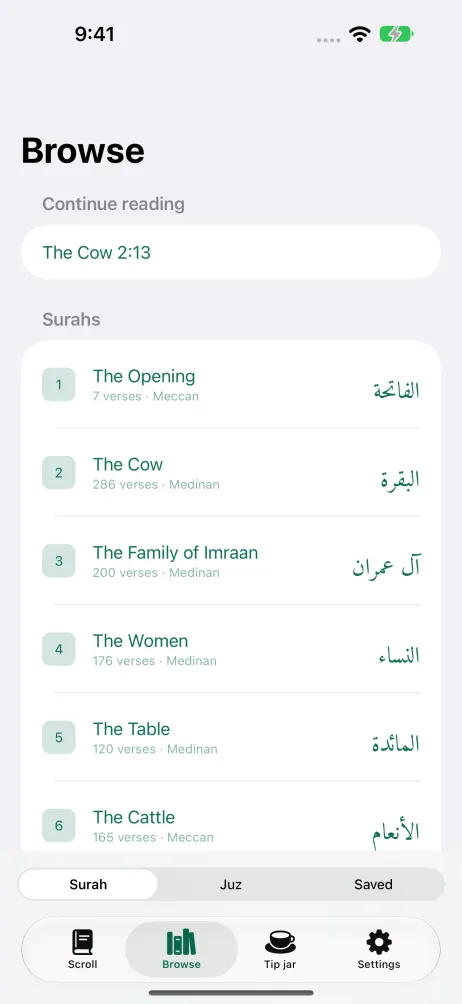 Browse surahs, juz and saved verses