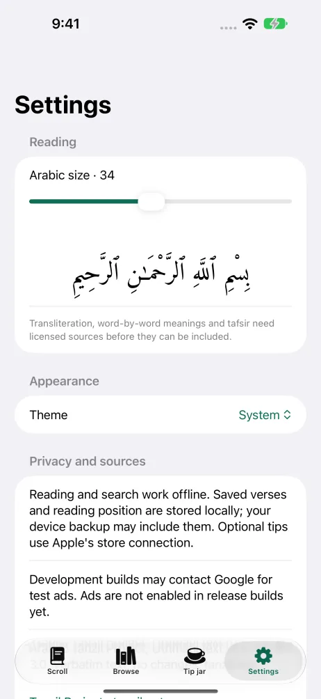 Settings for Arabic font size, appearance and sources