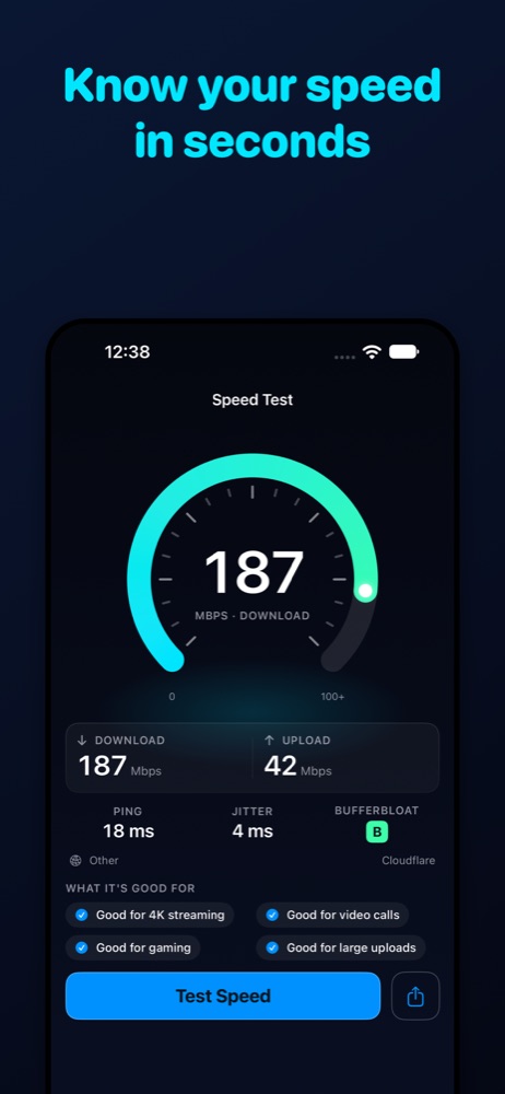 Test screen showing download, upload, ping and jitter